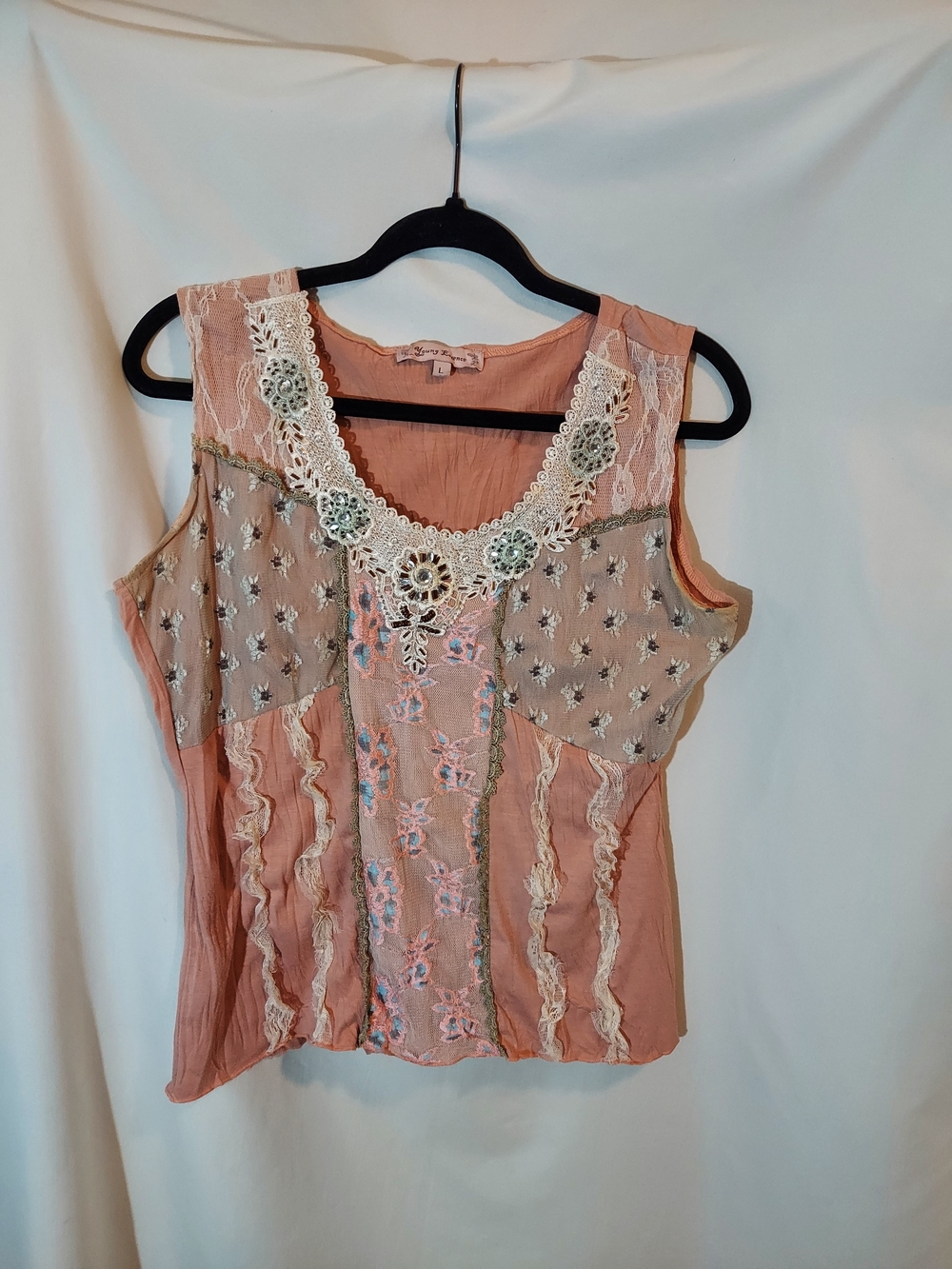 VTG Young Essence Fairy Grunge Patchwork Lace Ruffle Cami Top L